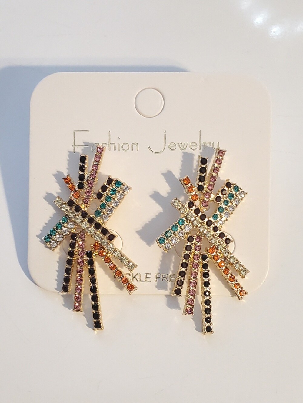 Abstract Geometric Statement Earrings with Multicolored Rhinestones